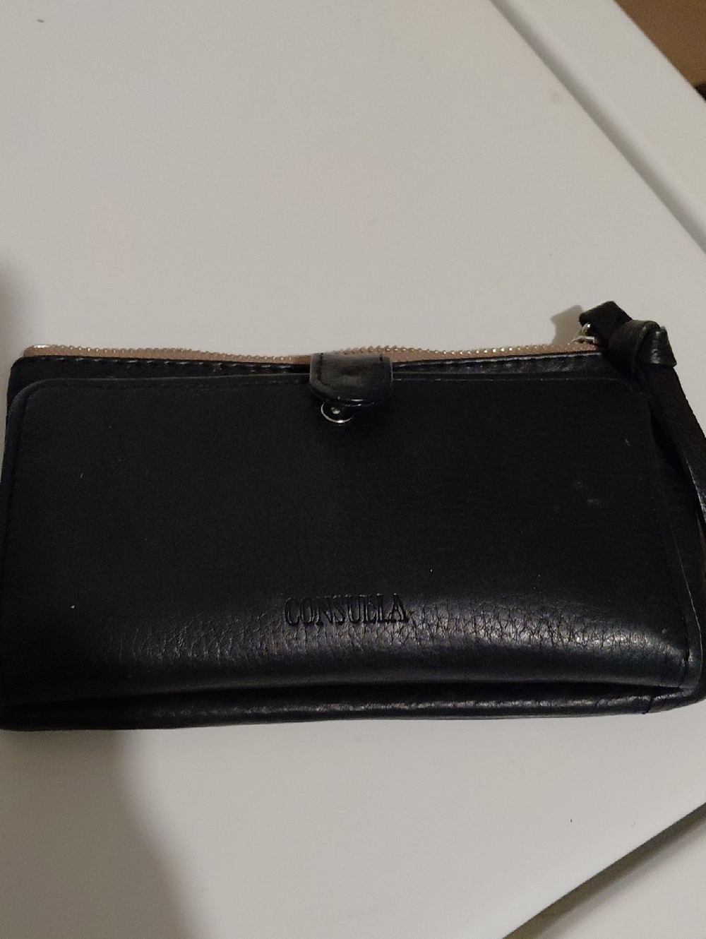 Black Leather Wristlet Wallet with Zip and Snap